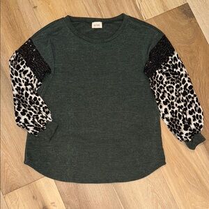 BiBi Green Leopard sequin long Sleeve Top